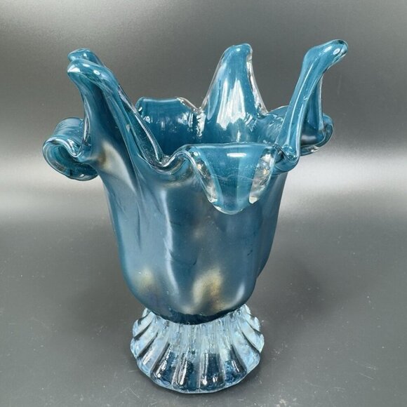 1980s Art Glass Abstract Vase Bowl Centerpiece Teal Blue Iridescent Finish Glass - Picture 13 of 15